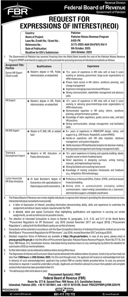 Federal Board of Revenue Tender Notice